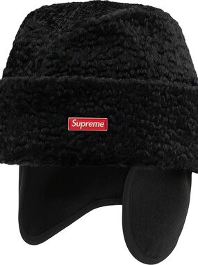 Supreme Black Faux Fur Trapper Hat with Red Box Logo